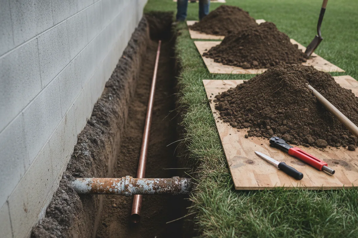 Excavated water line trench during Water Softener Installation in Elkins